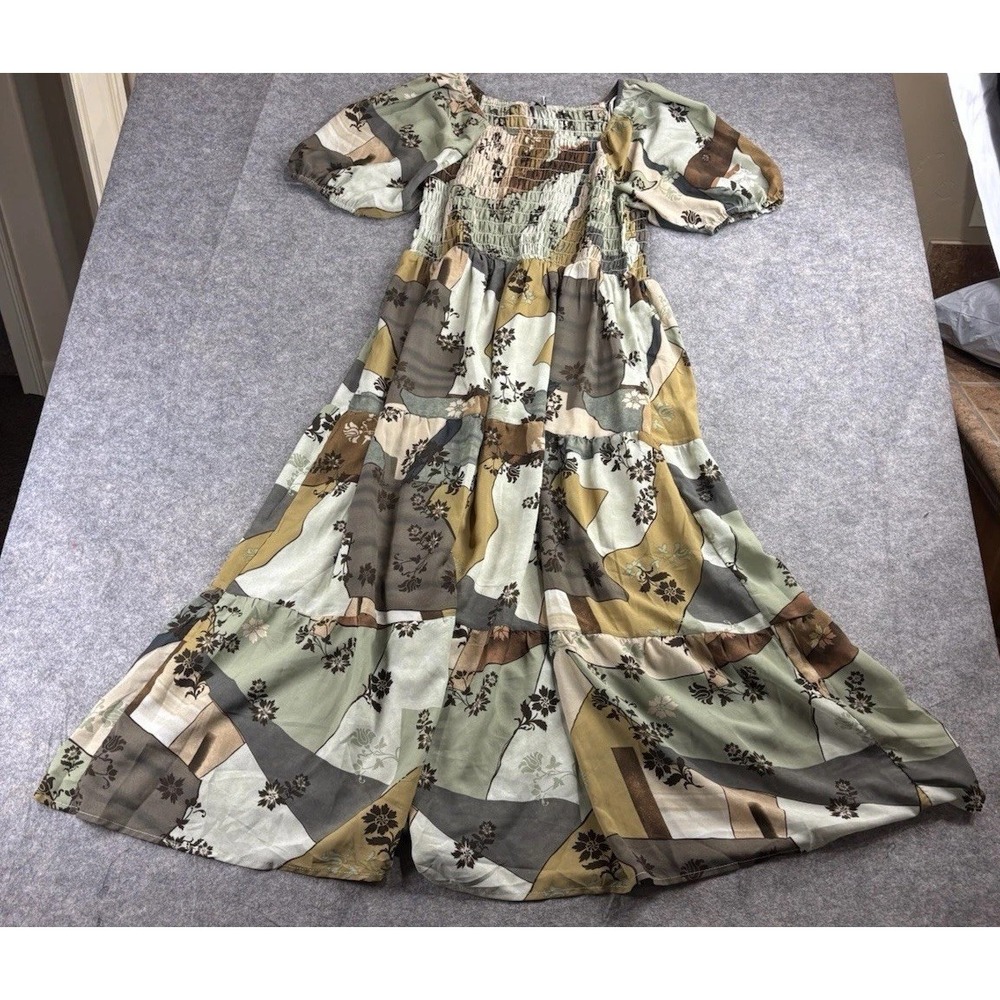 Polygram Women's L Floral ColorBlock Puff Sleeve Maxi Dress Granola Fairy Boho